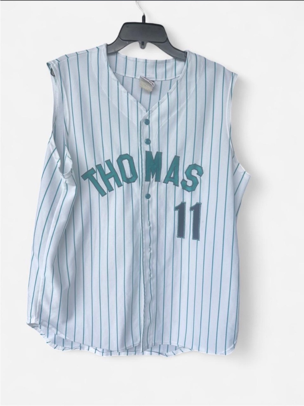 Striped Sleeveless Baseball Jersey with "THOMAS" and Number 11 - Light Blue/Teal